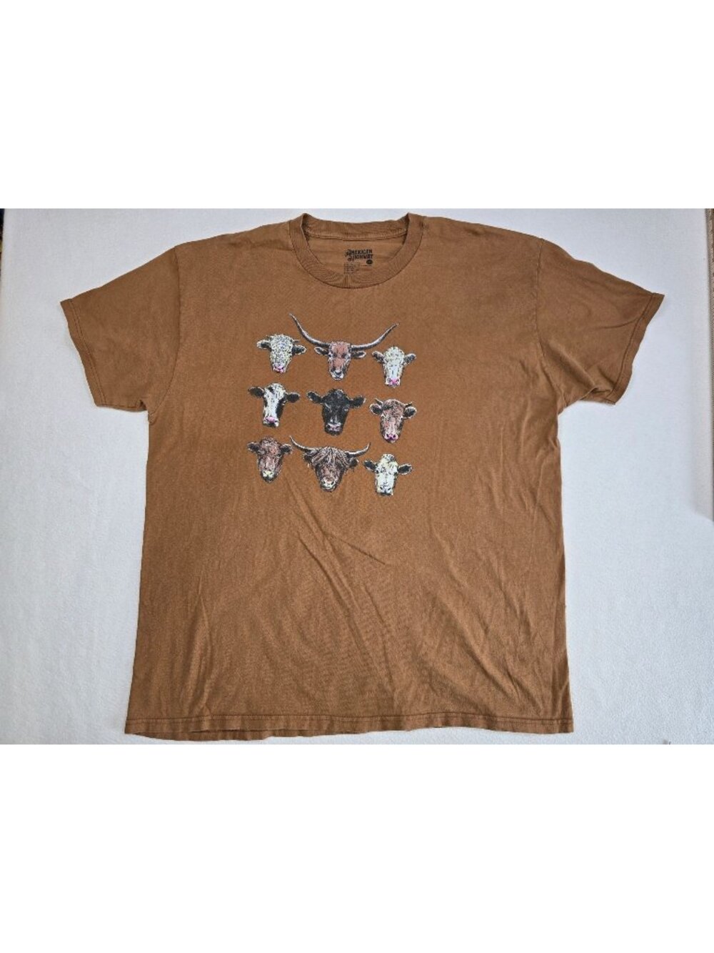 American Highway Brown Graphic Tee Longhorn Cows 2XL Cotton